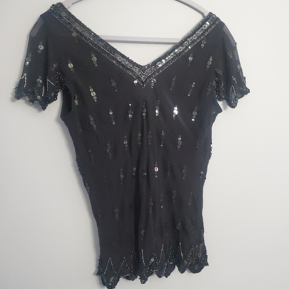 Papell Boutique Vintage Flapper Evening Blouse Silk Black Sequin Embellished  S - Picture 8 of 14